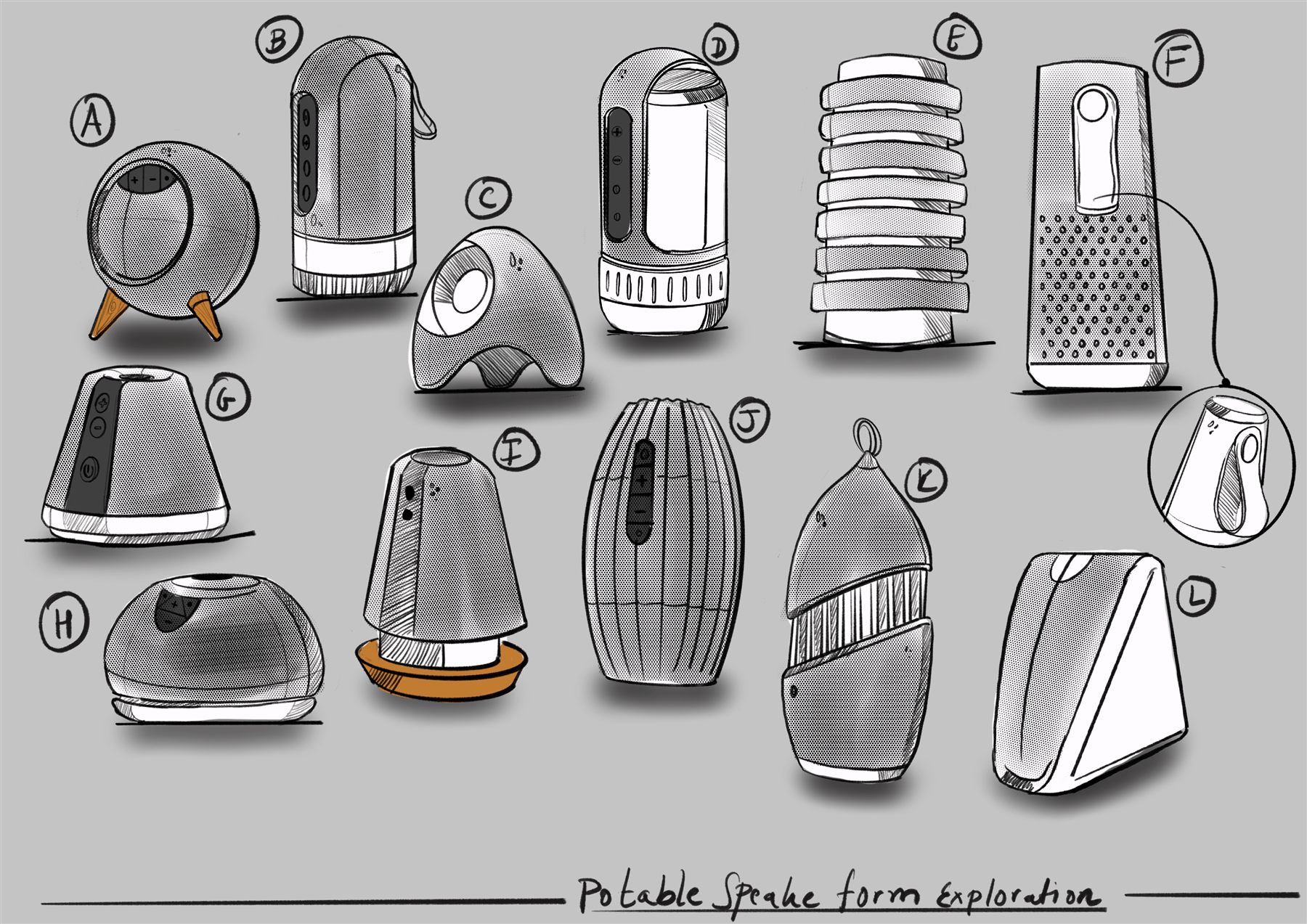 Round 01 — portable speaker form exploration, twelve directions.